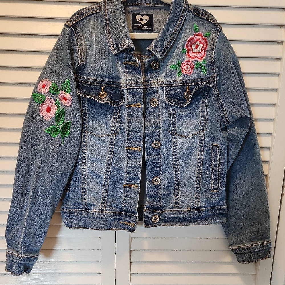 dkln Kids' Light Blue Denim Jacket with Pink Floral Embroidery